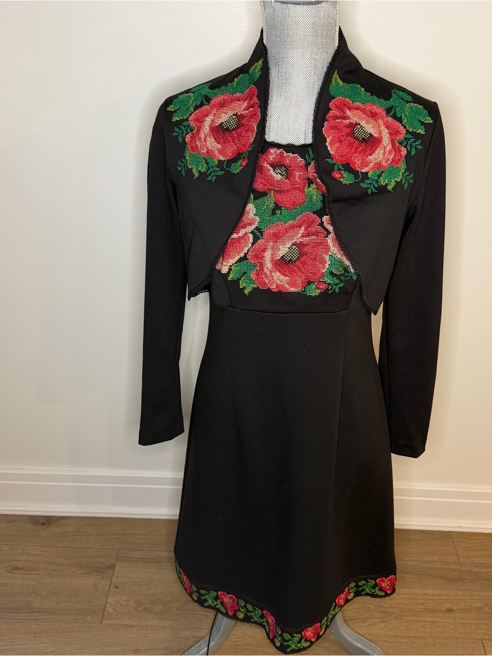 Black Floral Embroidered Fit-and-Flare Dress with Bolero size 8